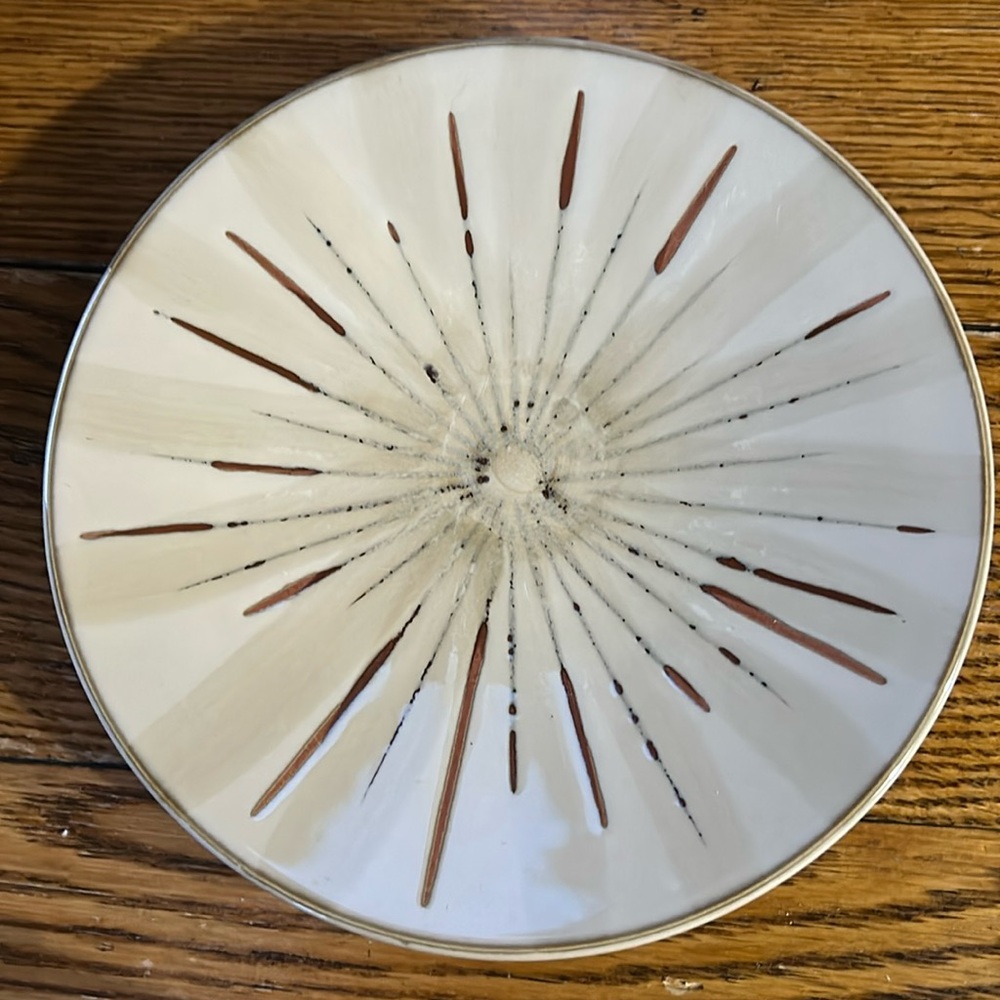 Pier 1 stoneware 8.5” salad plate Sanctuary pattern. Retired. Cream, gray, red.